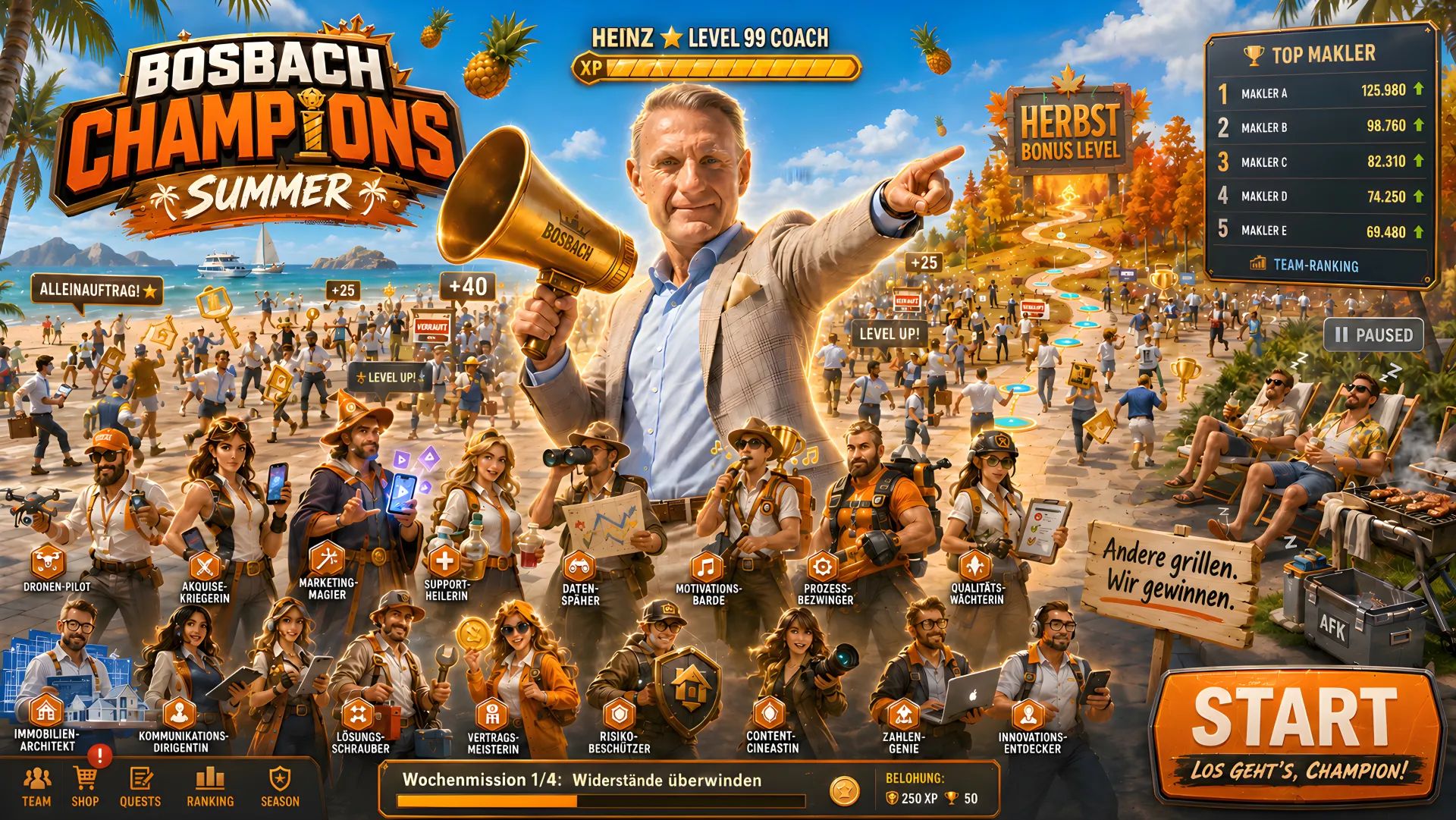 Bosbach Champions Summer – Illustration: Heinz Bosbach als Level-99-Coach führt die Makler-Community durch die Sommer-Challenge Richtung Herbst-Bonus-Level